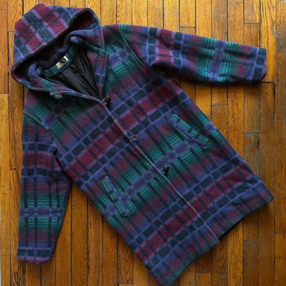 Vintage 70s/80s L.L. Bean Wool Aztec Hooded Overcoat Peacoat Parka Women M Blue